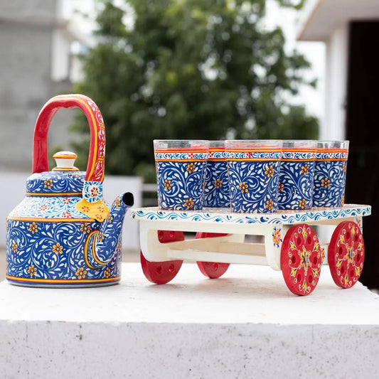 "Azure"- Hand Painted Tea Set with Tea Cart