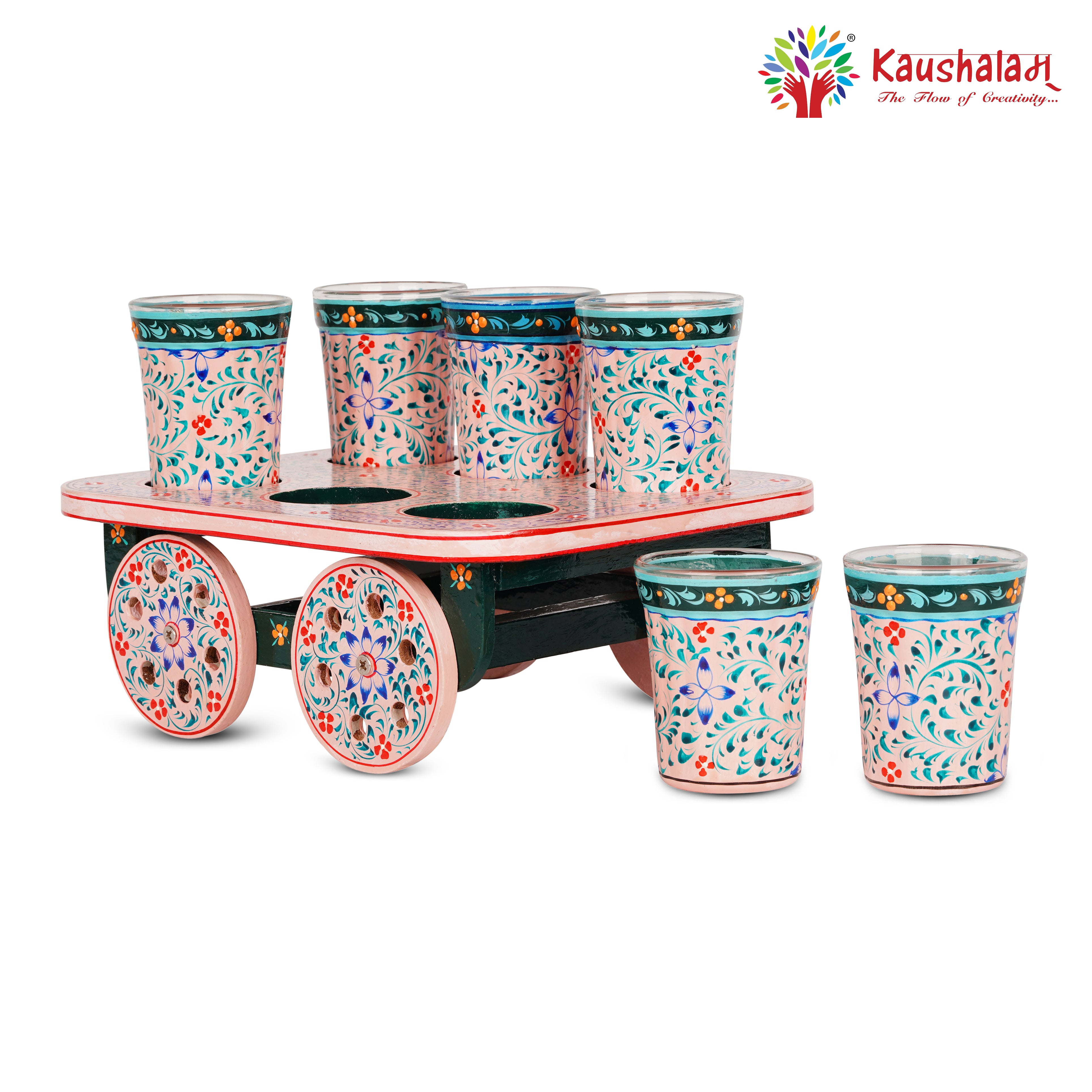 "Pink City" - Hand painted Tea set with Tea Cart