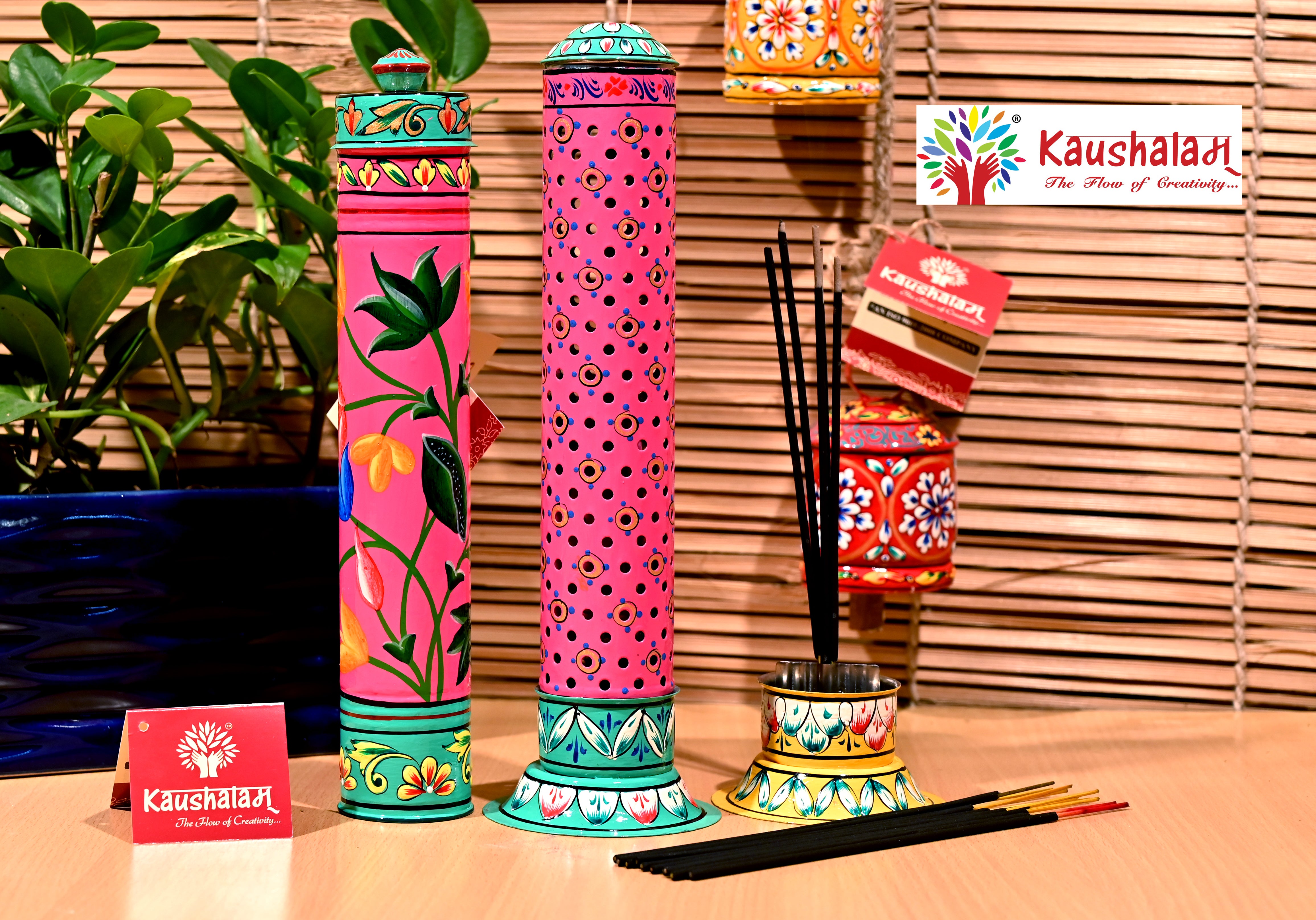 Hand Painted Incense Stick Burner & Holder Set of 2 - Pink Floral