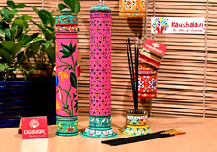Hand Painted Incense Stick Burner & Holder Set of 2 - Pink Floral