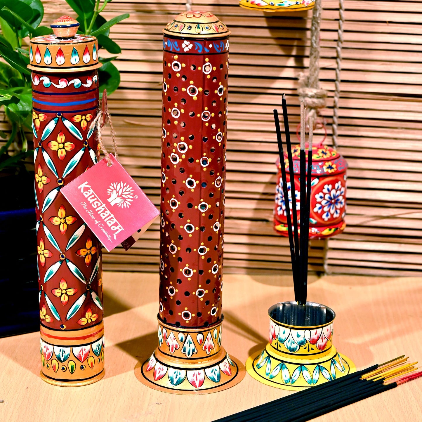 Incense Stick Burner & Holder Set of 2 -Maroon Floral