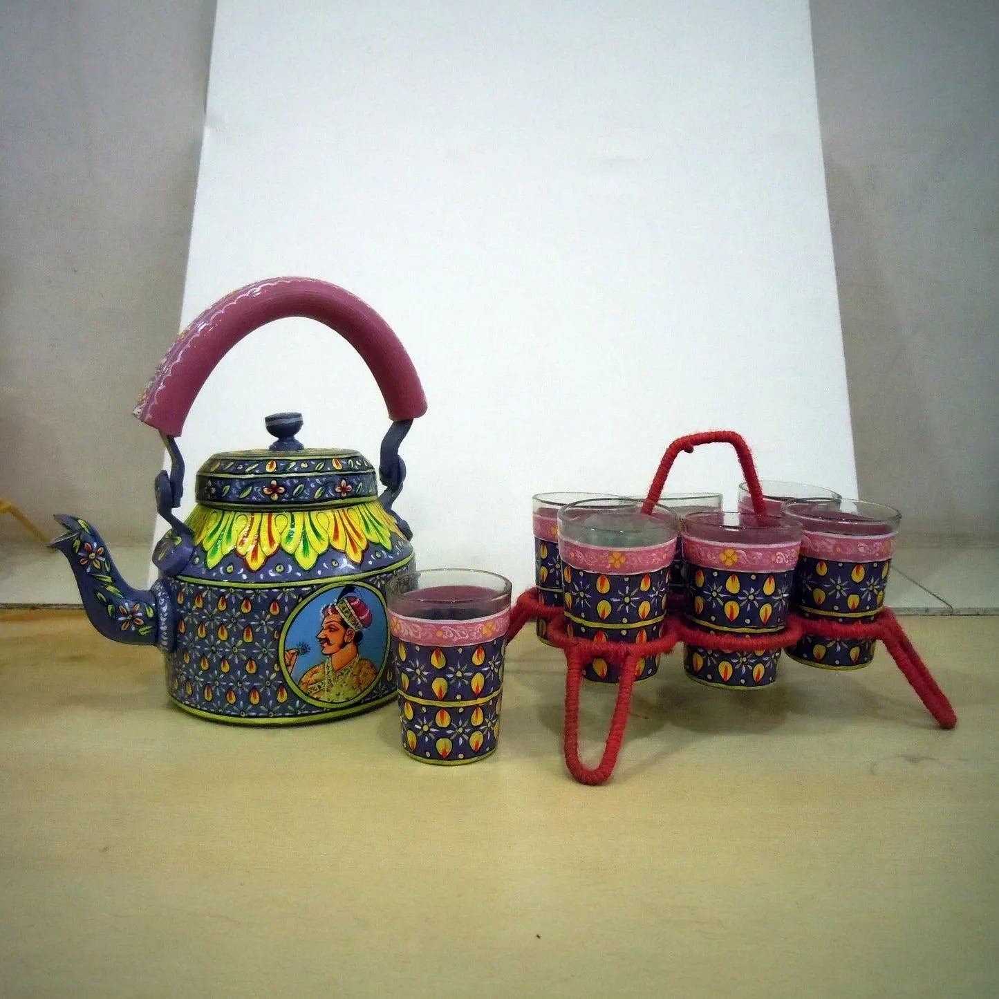 Kaushalam Tea Kettle with six glasses and stand: King & Queen II