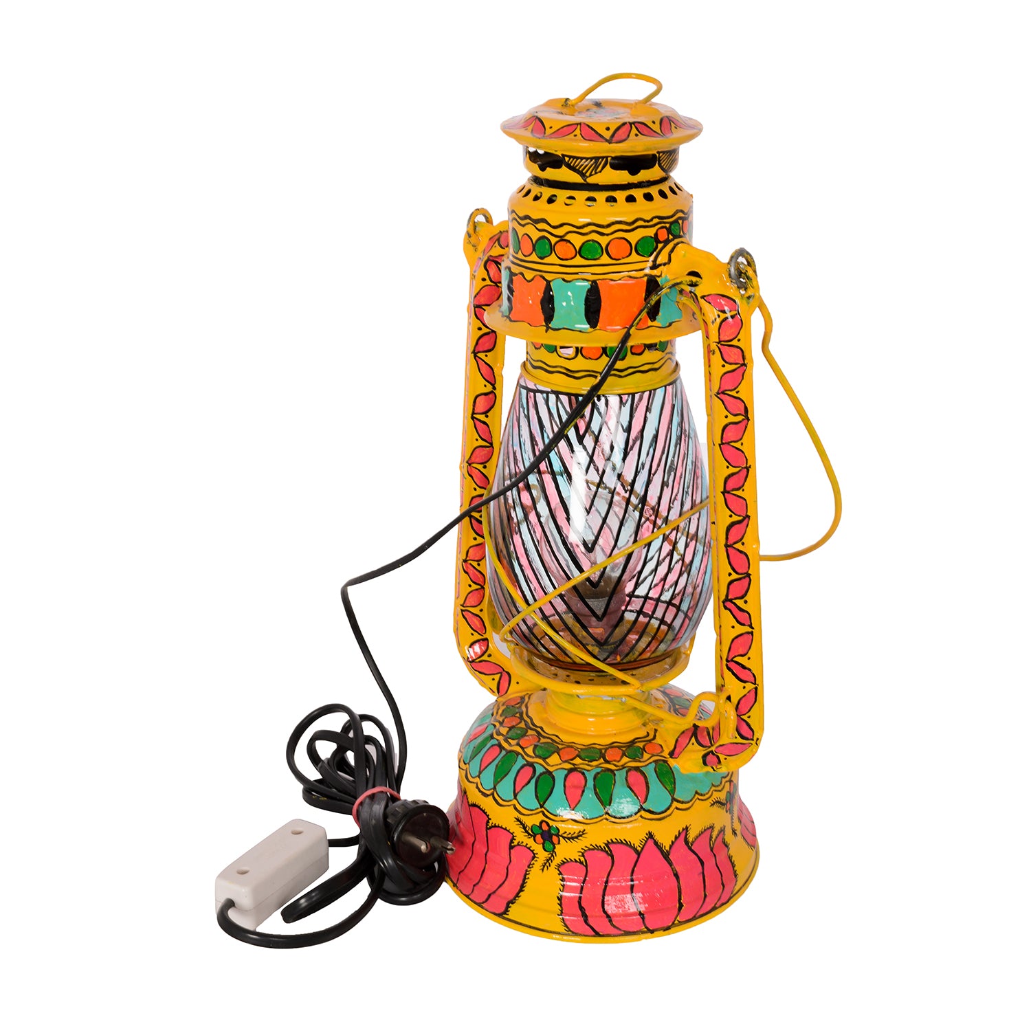 Hand Painted Hurrican Lantern with Bulb : Yellow Lotus