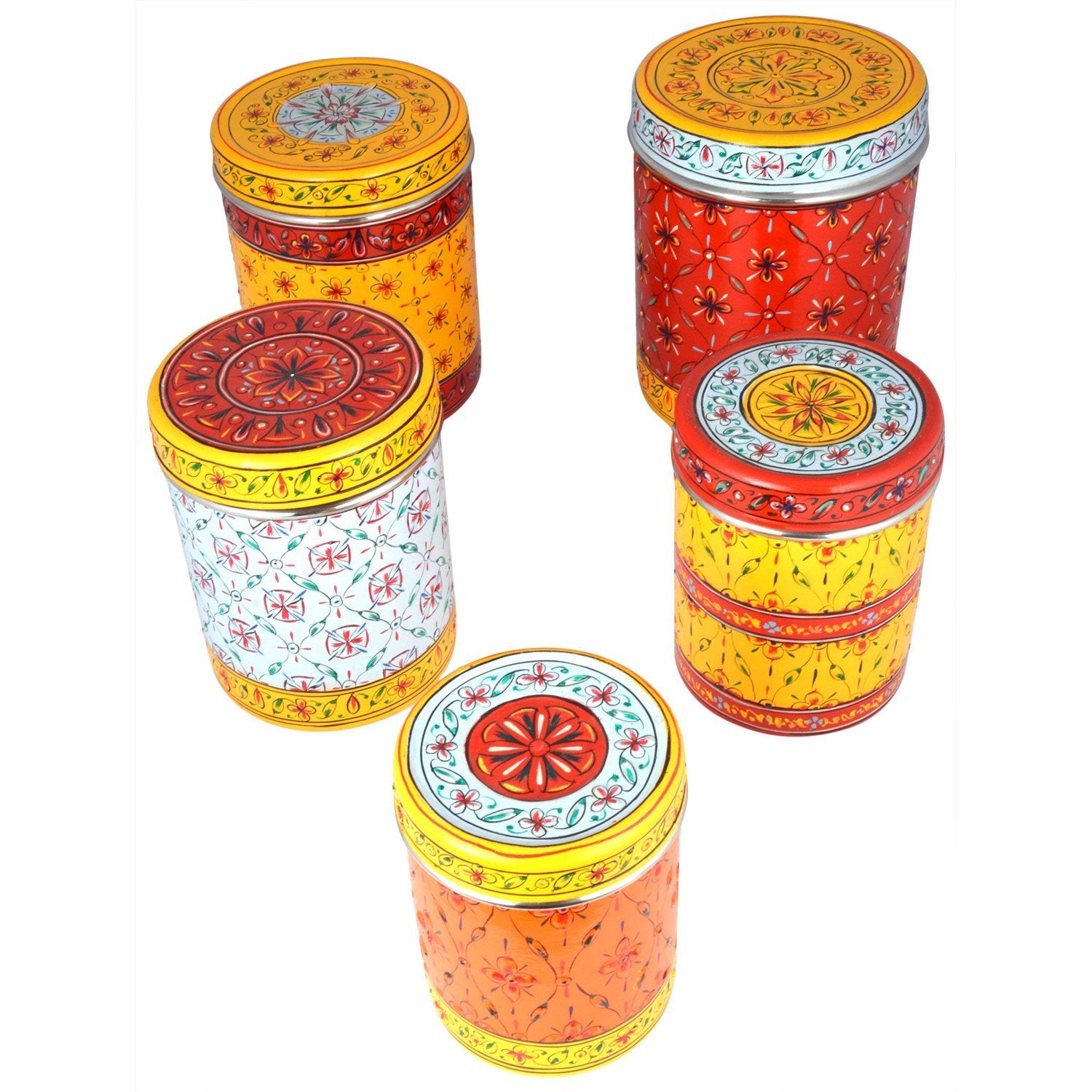Canister set of 5 containers: Hand Painted Storage Stainless Steel Nesting Jars