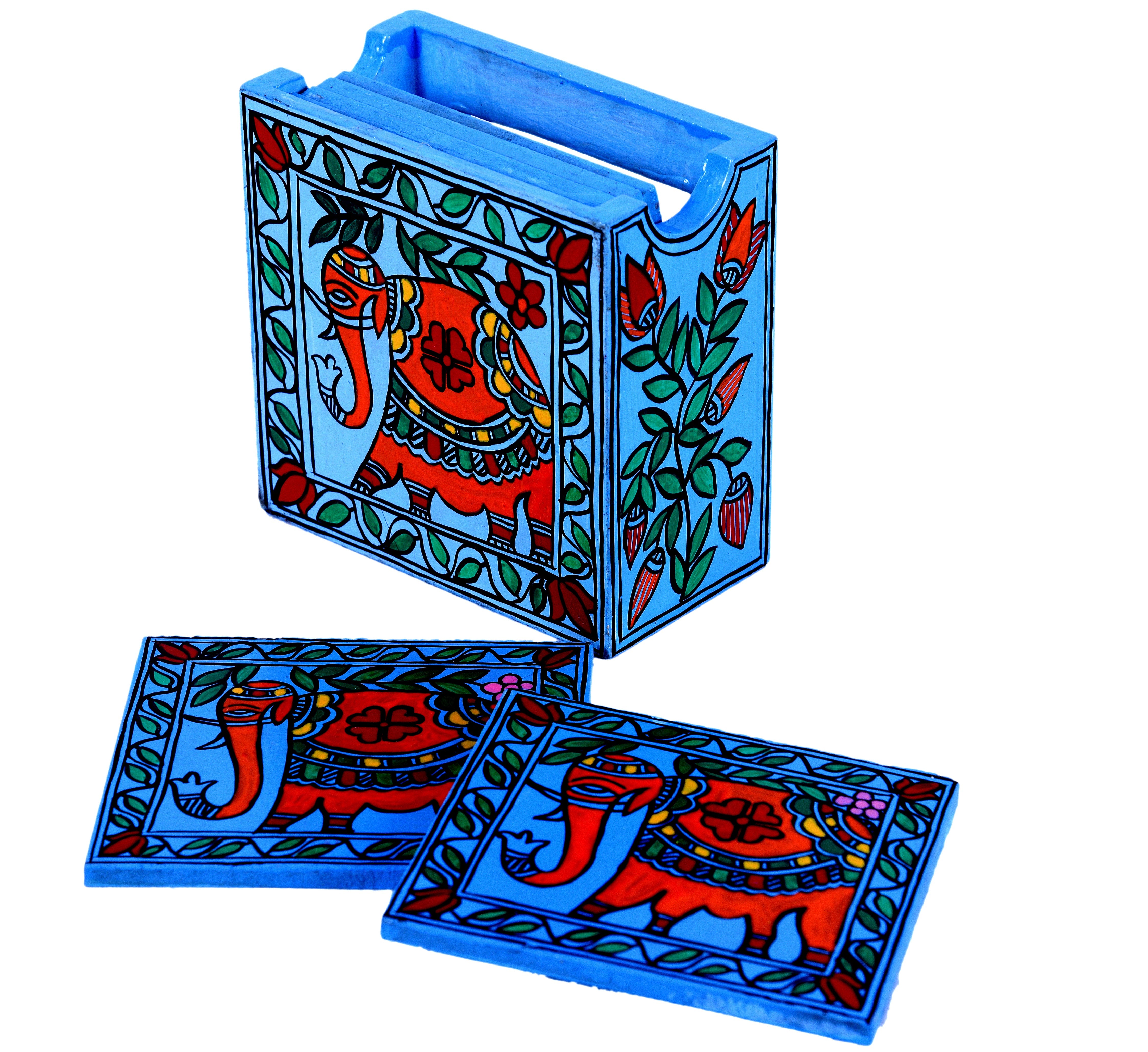 Hand Painted Madhubani Coasters set of 6 with holder - Blue Elephant
