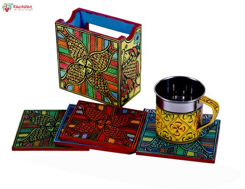 Hand Painted Madhubani Multicolored Coasters set of 6 with holder - Folk Art Fish