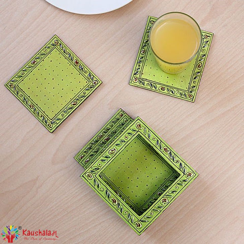 Hand Painted Coasters -Lime Green , Mughal Art