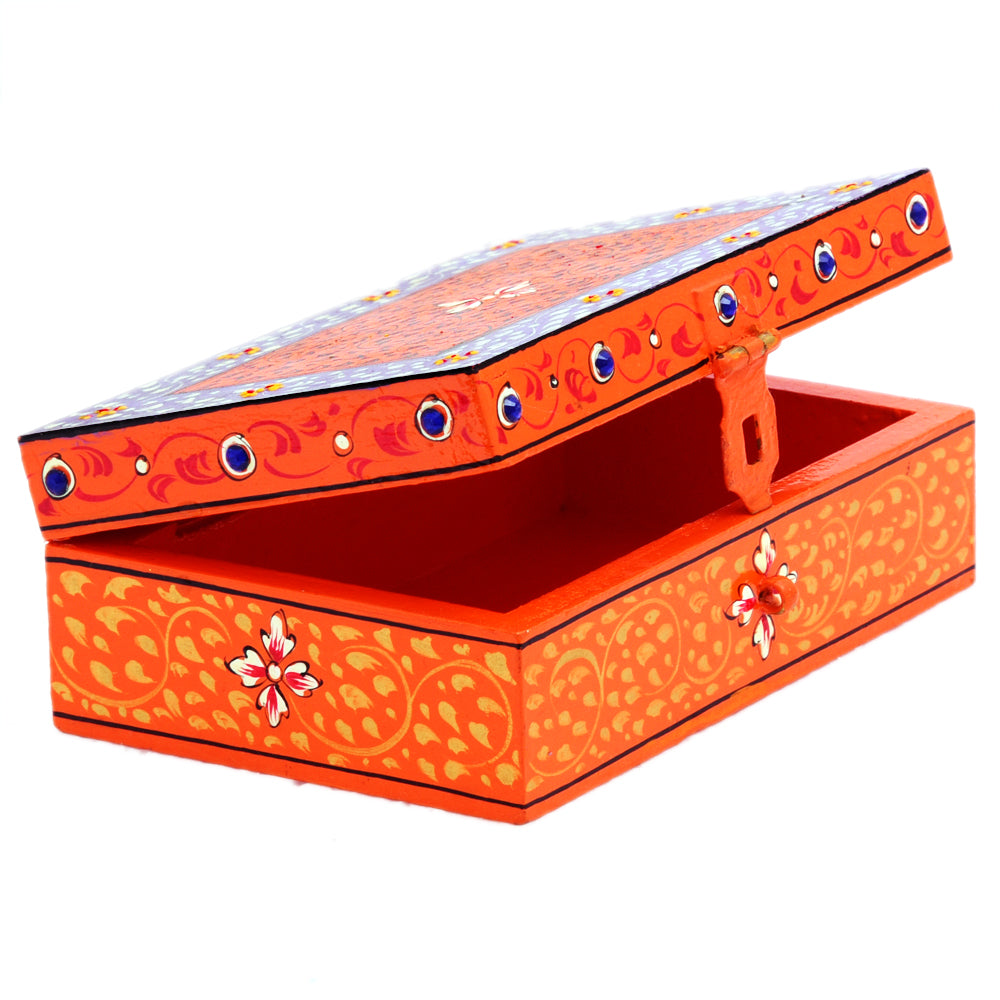Hand painted Rectangular Wooden Box : Jewelry Box, Orange Artistic Box