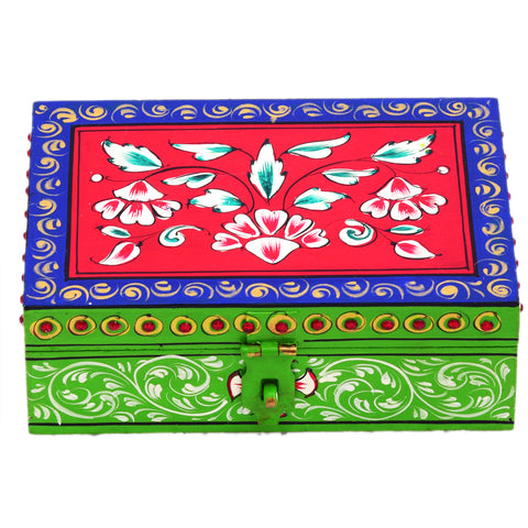 Hand painted Rectangular Wooden Box : Enchanting Red & Green Box