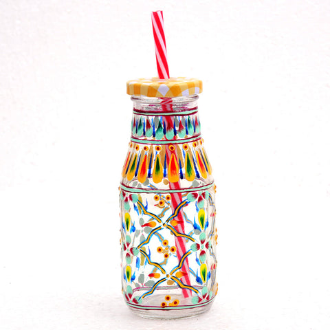 Hand Painted Juice Jar - Sipper-  "Mint" Set of 4 Bottles