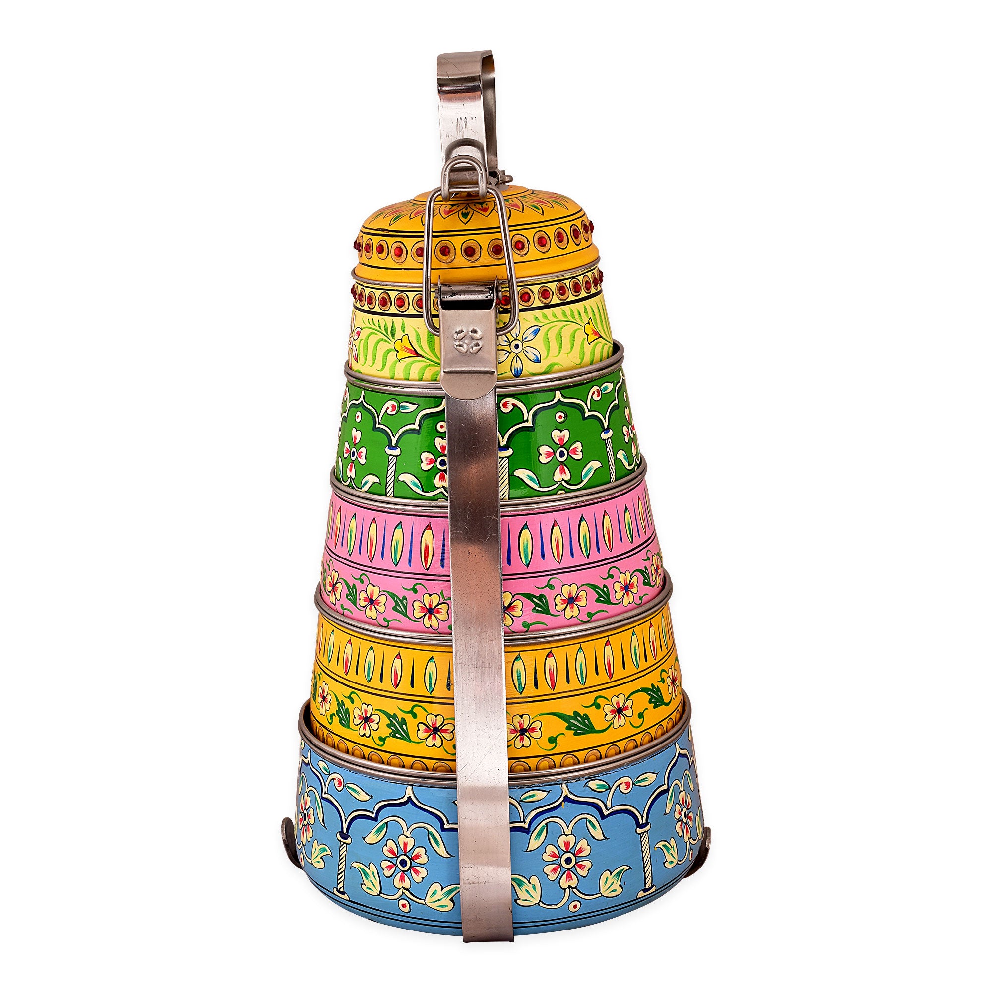 Kaushalam hand painted 5 tier steel pyramid tiffin- Pink city, Lunch box, Meal for family, Picnic box, large Bento box, Christmas gift, reusable tiffin