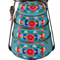 Hand Painted 3 Tier Steel Lunch Box- Aqua Blue-A dabba, or Indian-style tiffin carrier, Bombay Dabba