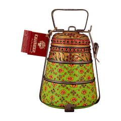 Hand Painted 3 Tier Steel Lunch Box- Indian-style tiffin carrier, Bombay Dabba