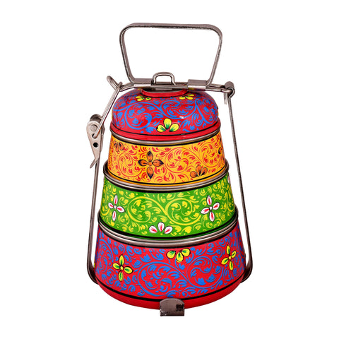 Hand Painted 3 Tier Steel Pyramid Lunch Box- Yellow, Red & Green Mughal Art Tiffin