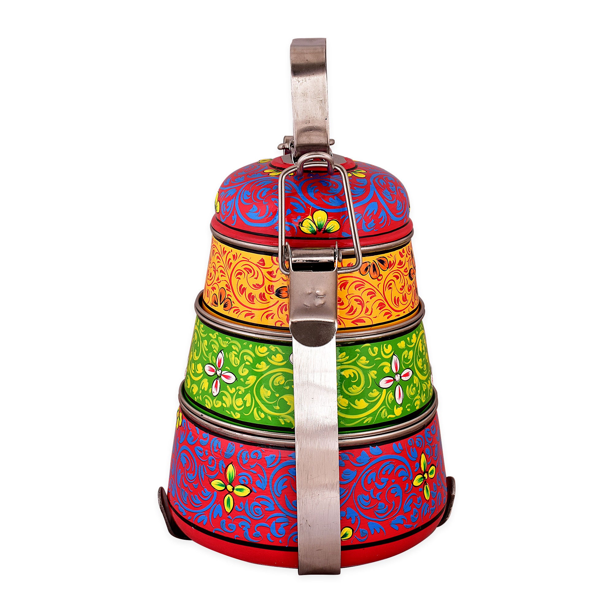 Hand Painted 3 Tier Steel Pyramid Lunch Box- Yellow, Red & Green Mughal Art Tiffin