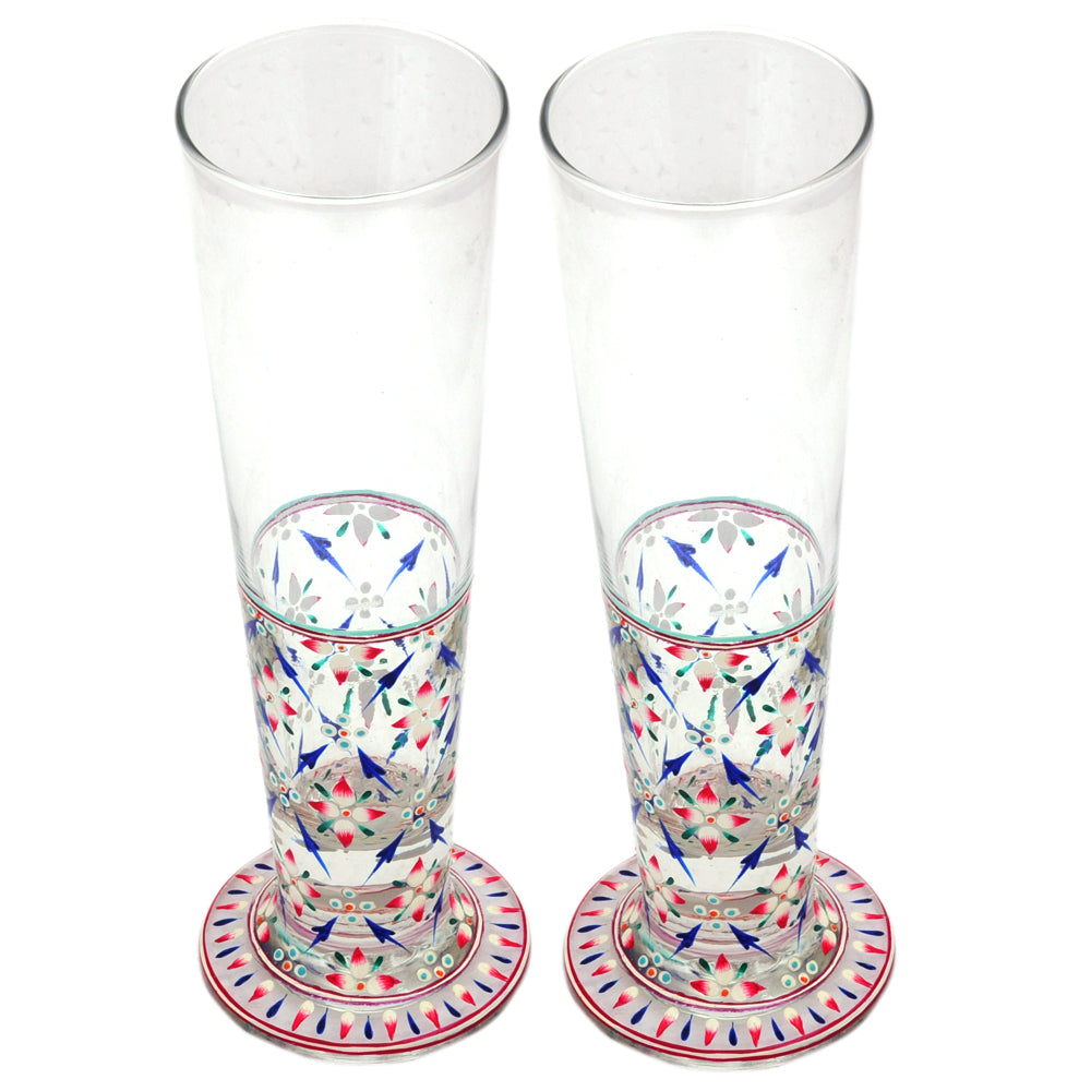 Hand Pinted Tall Beer Glass Set, 420ml, Set of 2 : Mughal Garden Flower Multi colour