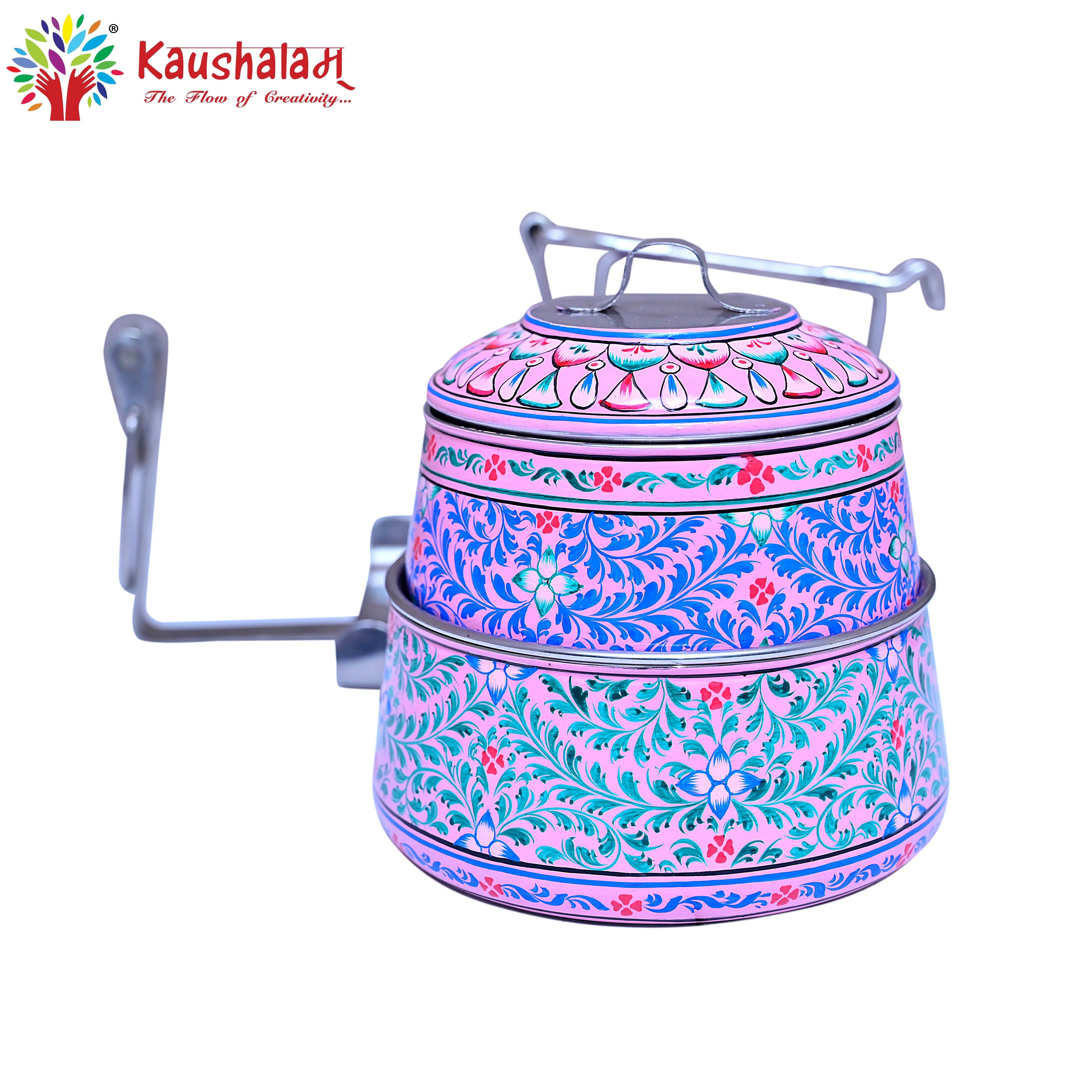Hand Painted 2 Tier Steel Lunch Box - "Pink City" Lunch Box