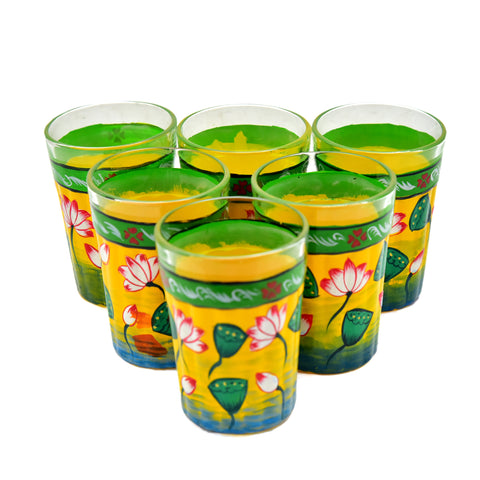 Hand Painted Tea Glass set of 6 : Yellow Pichwai