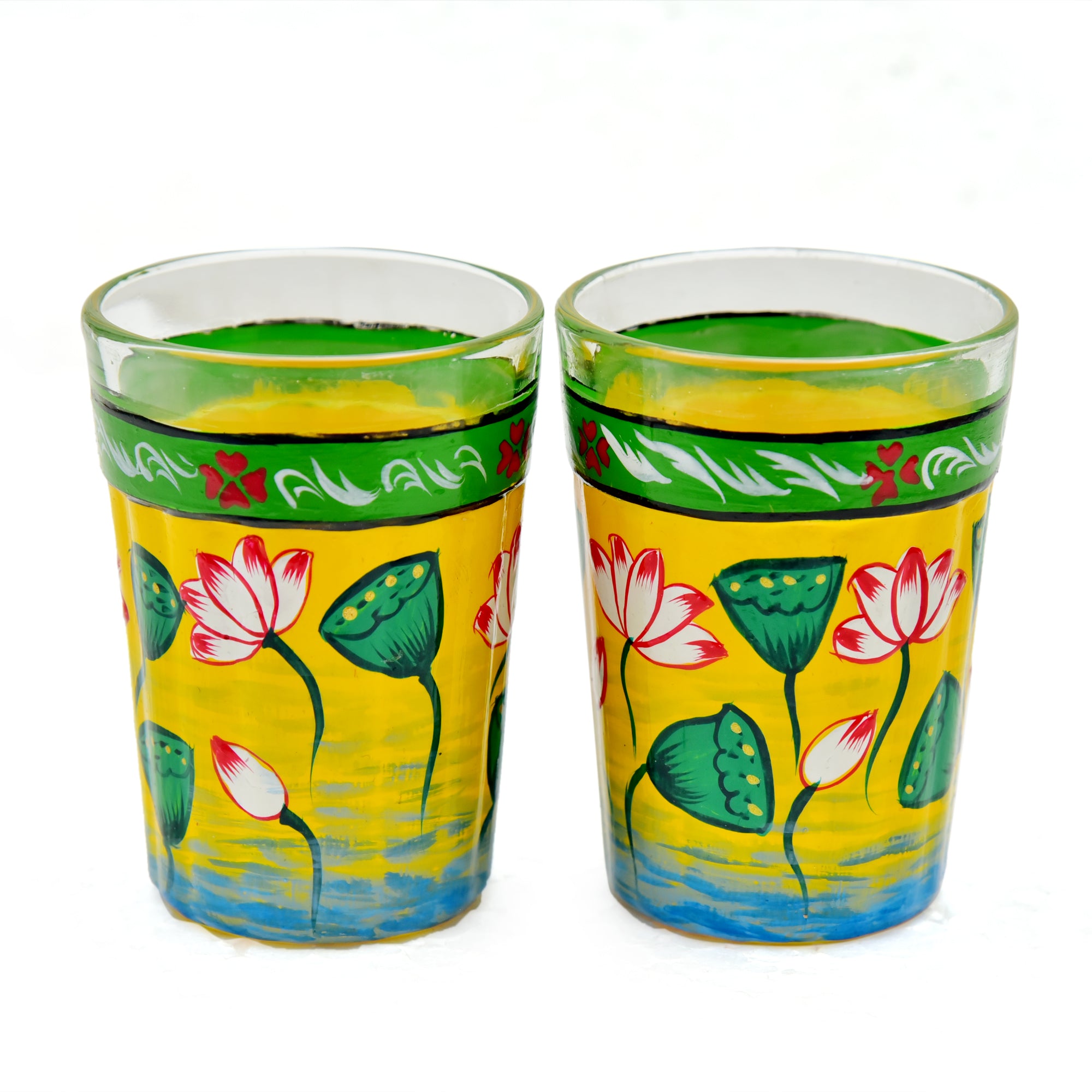Hand Painted Tea Glass set of 6 : Yellow Pichwai