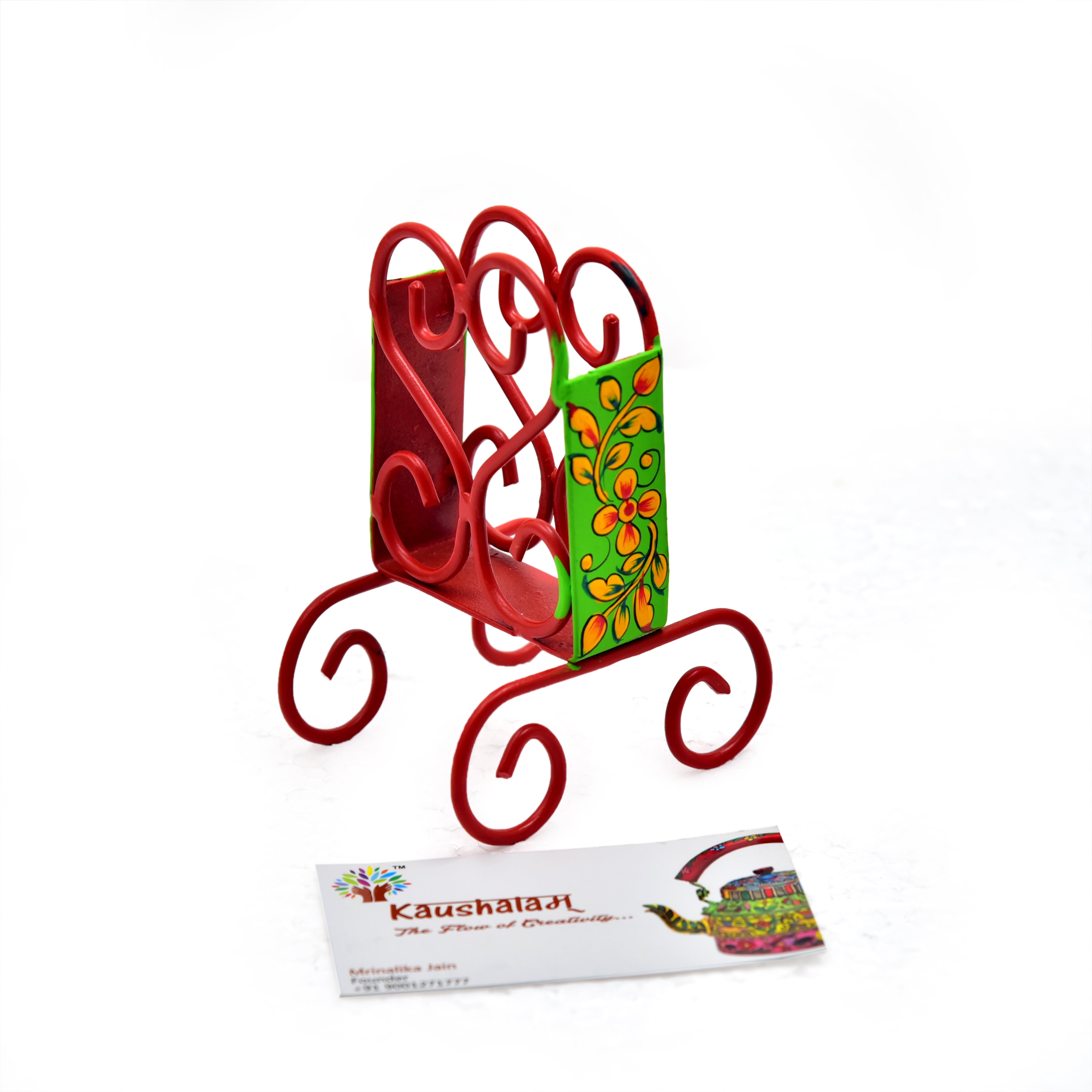 HAND PAINTED BUSINESS CARD HOLDER - RED & FLORESCENT GREEN