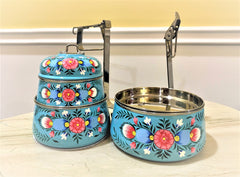 Hand Painted 3 Tier Steel Lunch Box- Aqua Blue-A dabba, or Indian-style tiffin carrier, Bombay Dabba