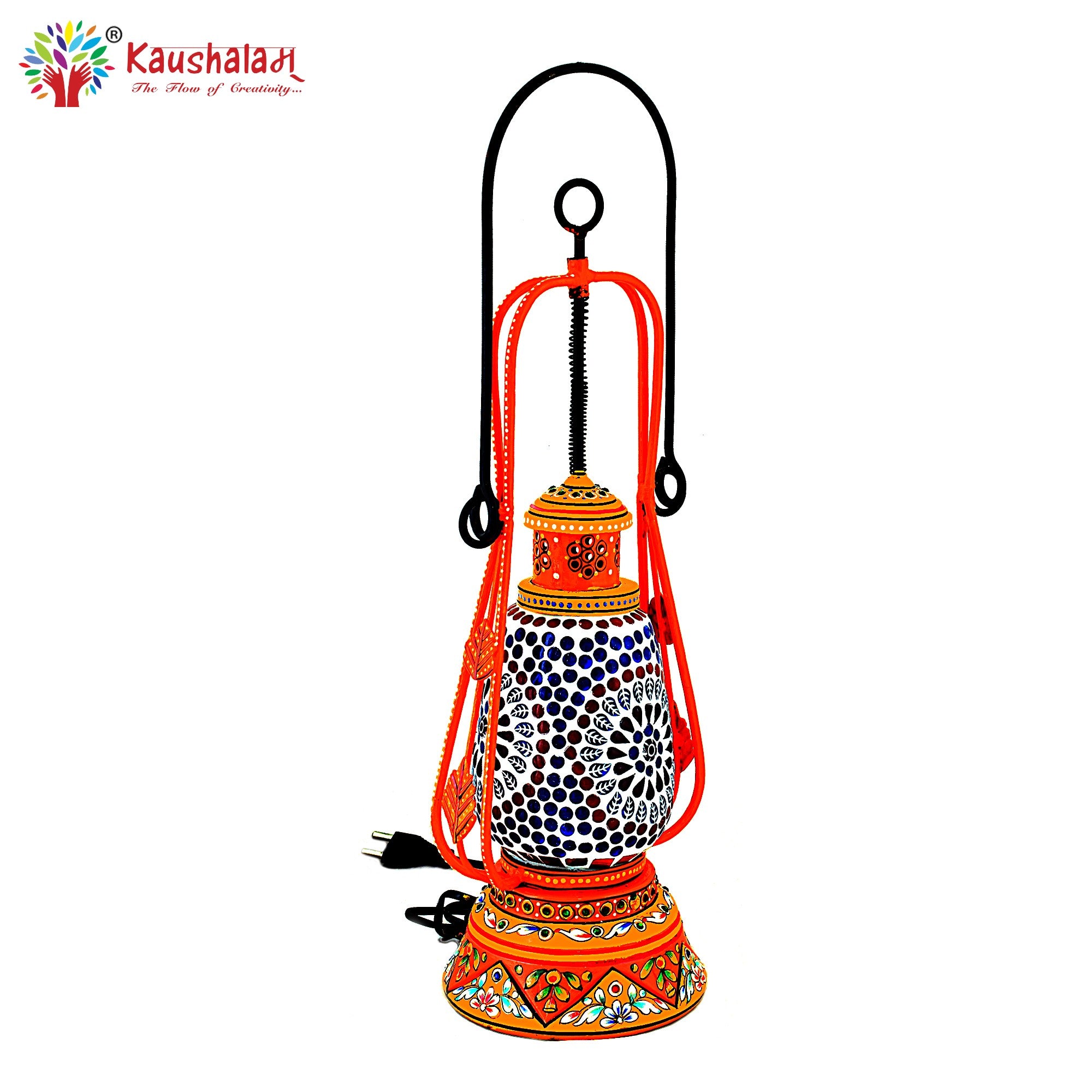 Hand Painted Lantern with Bulb : Ethnic Mosaic Bed Side Lamp Orange