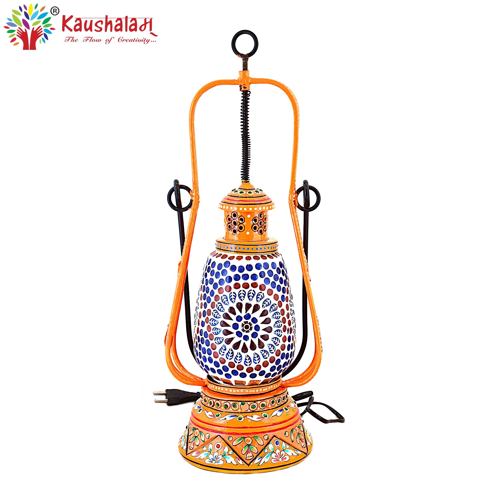 Hand Painted Lantern with Bulb : Ethnic Mosaic Bed Side Lamp Orange