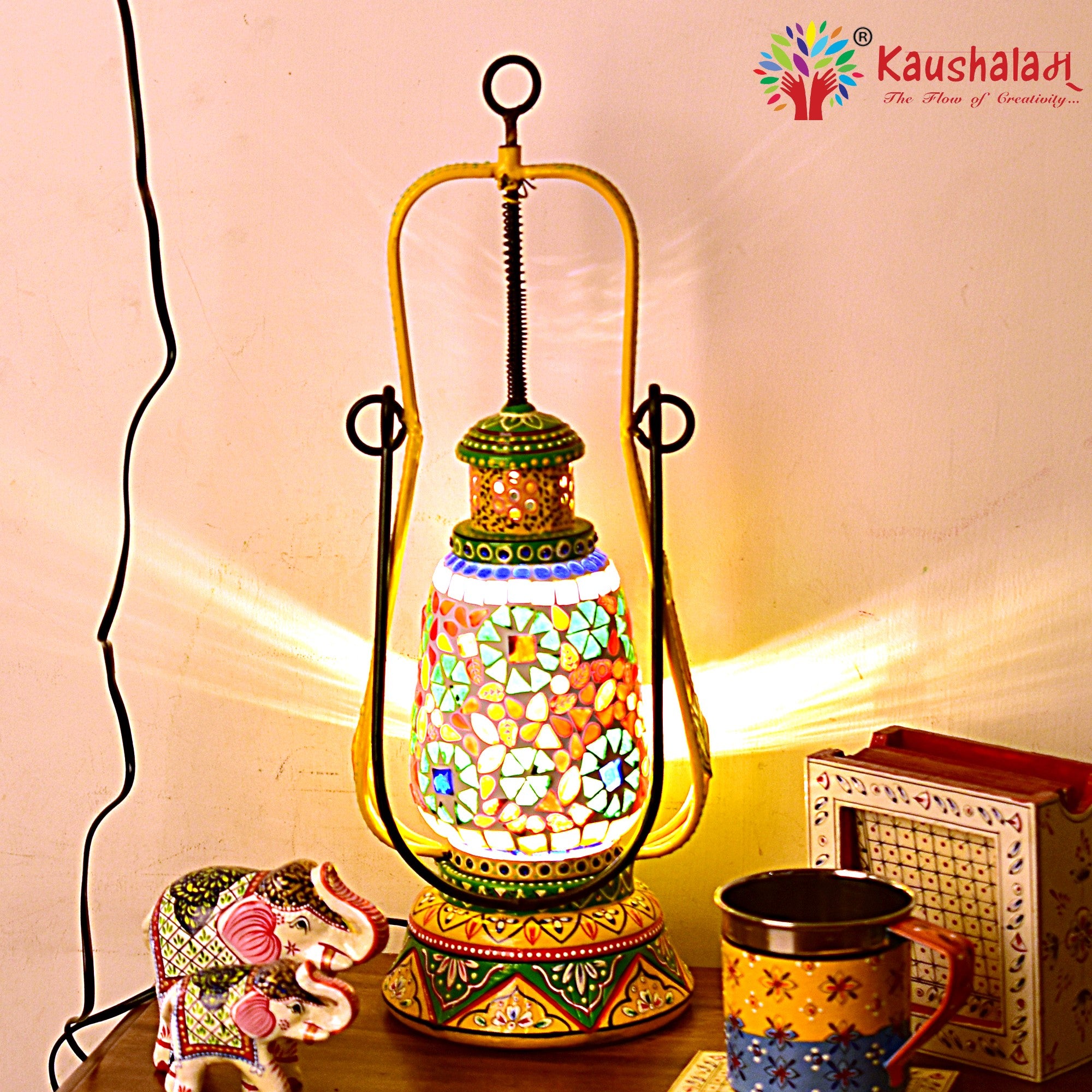 Hand Painted Lantern with Bulb : Ethnic Mosaic Lantern Lamp, Yellow & Parrot green
