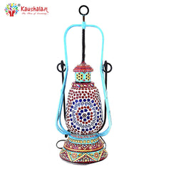 Hand Painted Lantern with Bulb : Ethnic Mosaic Lantern Lamp, Brownish Red & Aqua Blue