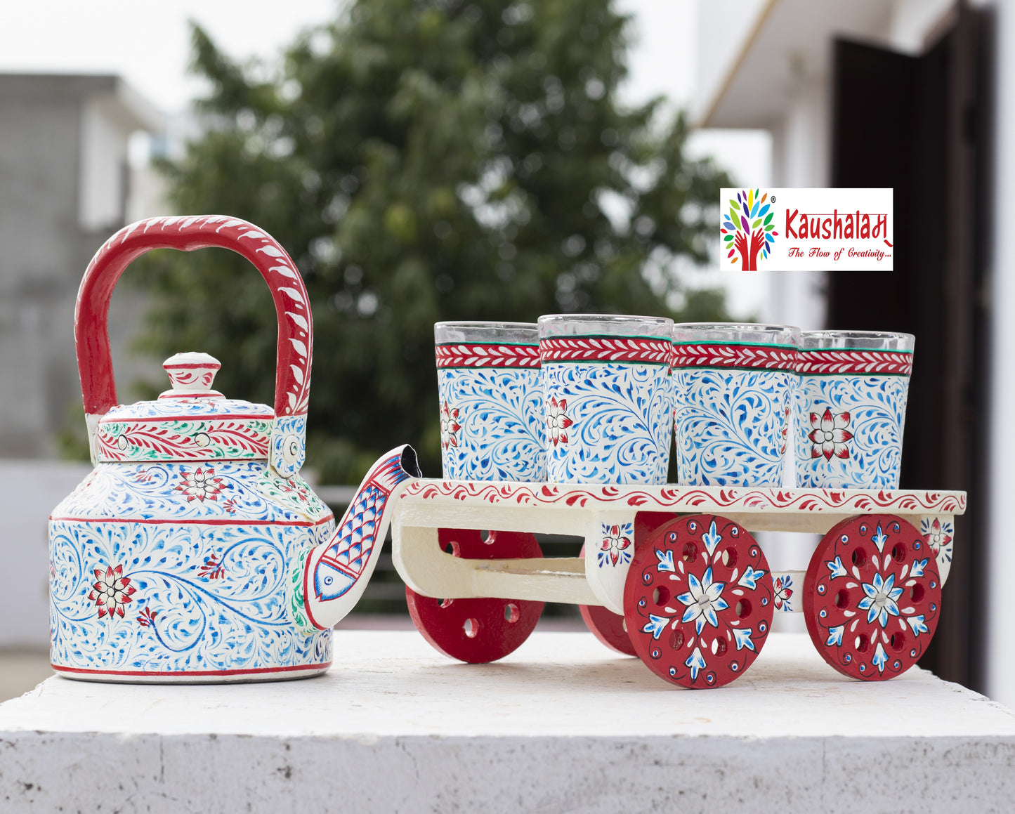 "ZURI" - Hand painted Tea set with tea trolley