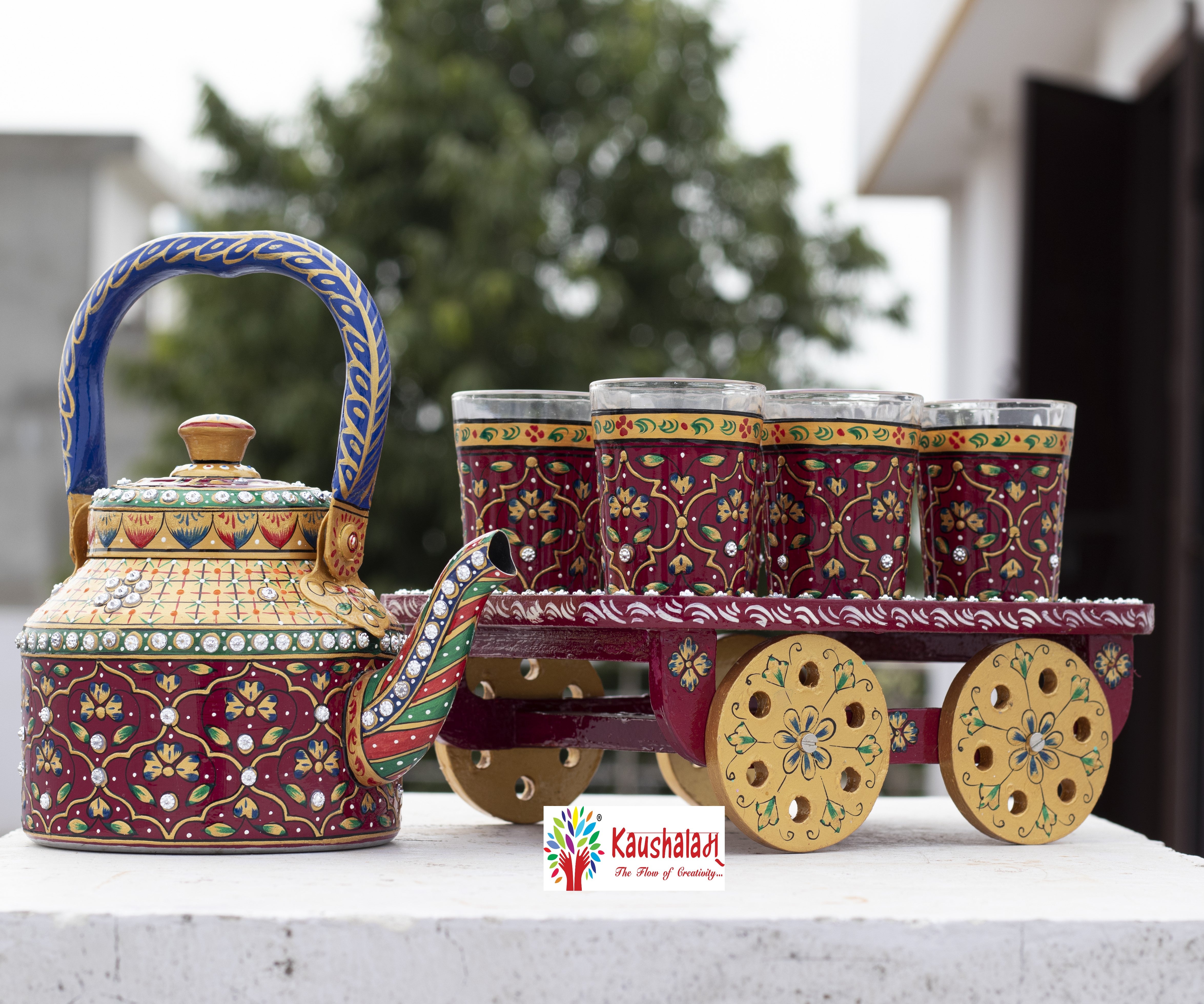 "AAFREEN" - Hand painted Tea set with tea trolley