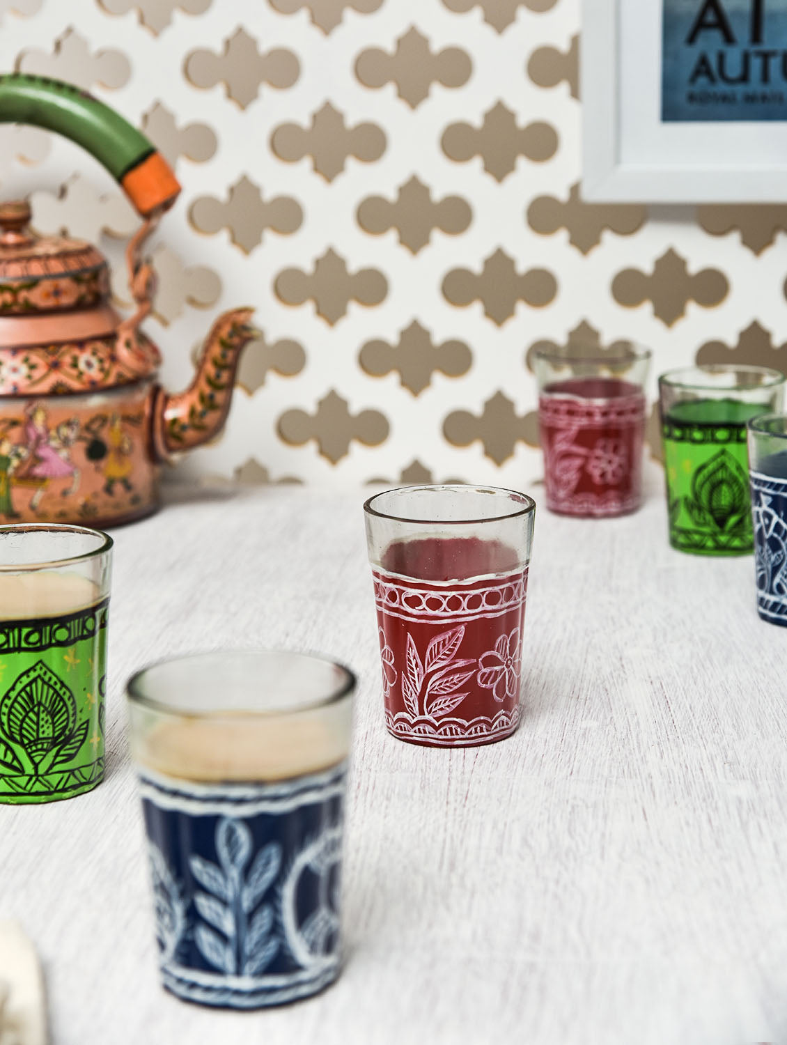 Hand Painted Tea Glass set of 6: Multi Colors