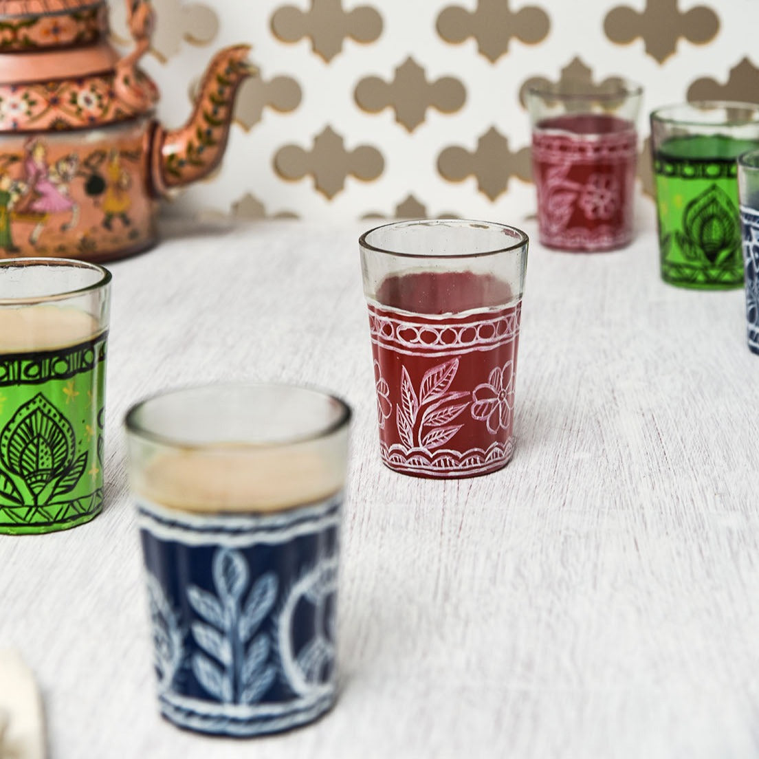 Hand Painted Tea Glass set of 6: Multi Colors