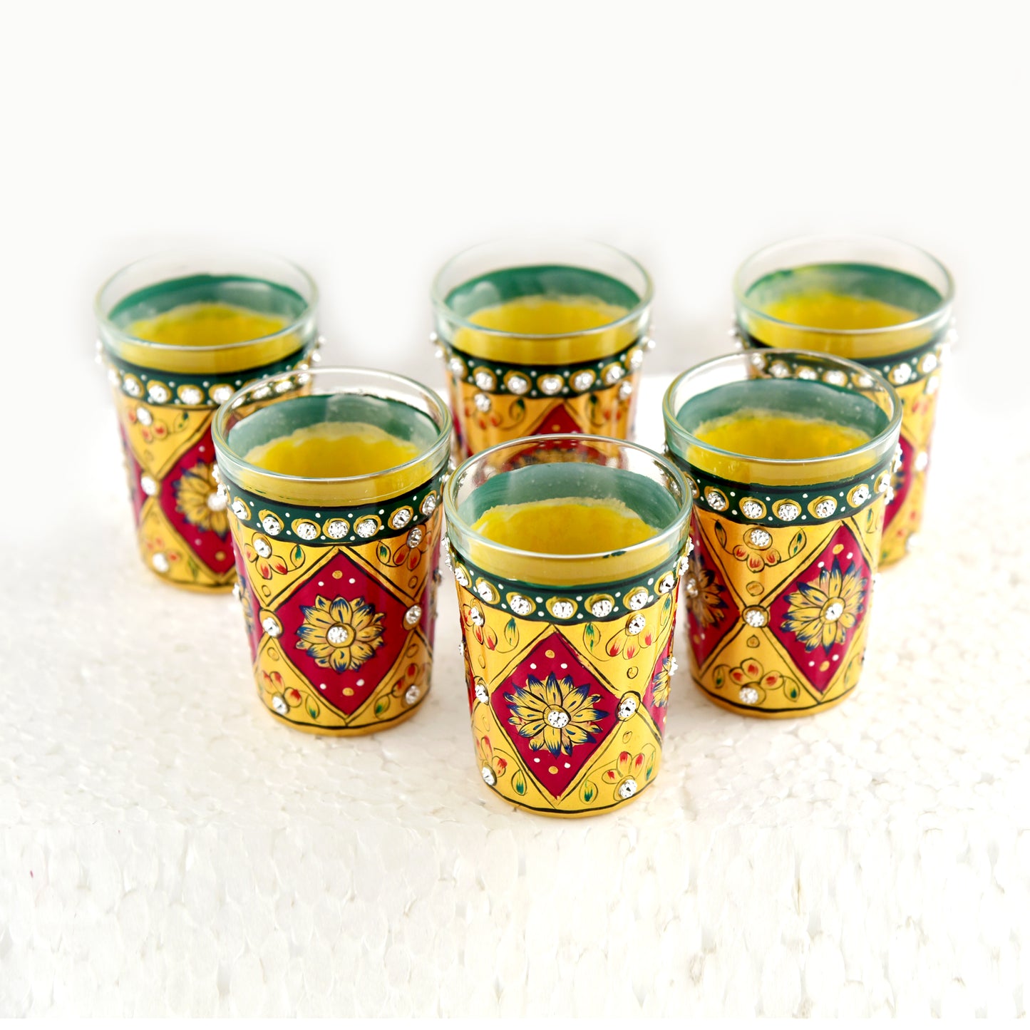 Hand Painted Tea Glass set of 6 : Golden Maroon with Crystals