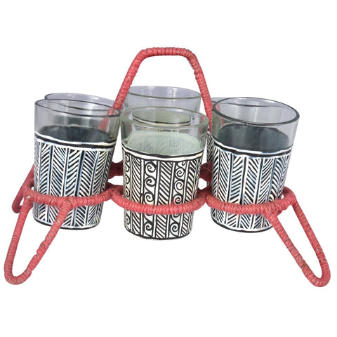 Hand Painted tea glass set of six with stand ; "Chikha with glasses" : Madhbuni