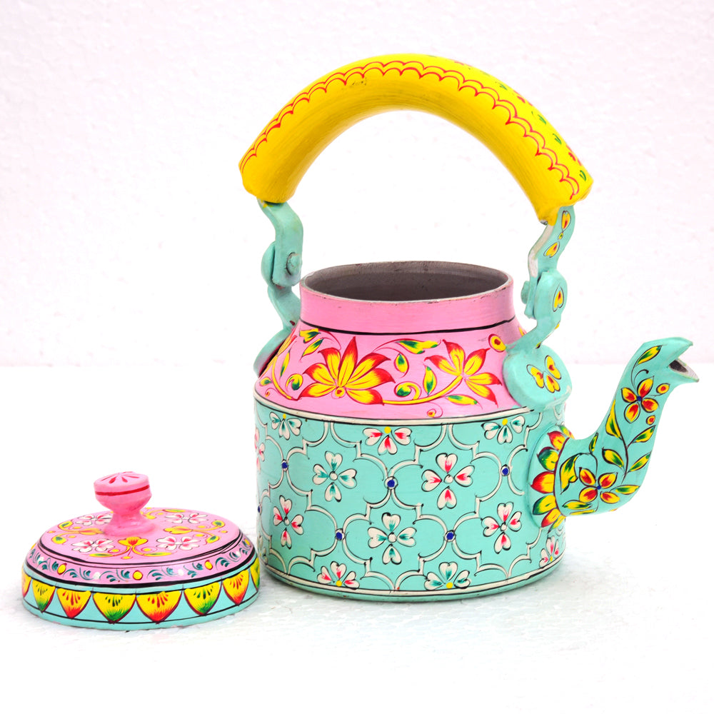 Hand Painted Tea Kettle :  "HABIBI" Pink & Aqua Green