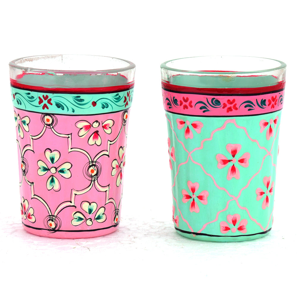 Hand Painted Tea set with Tea glasses and stand : Pink & Aqua Green Tea Set
