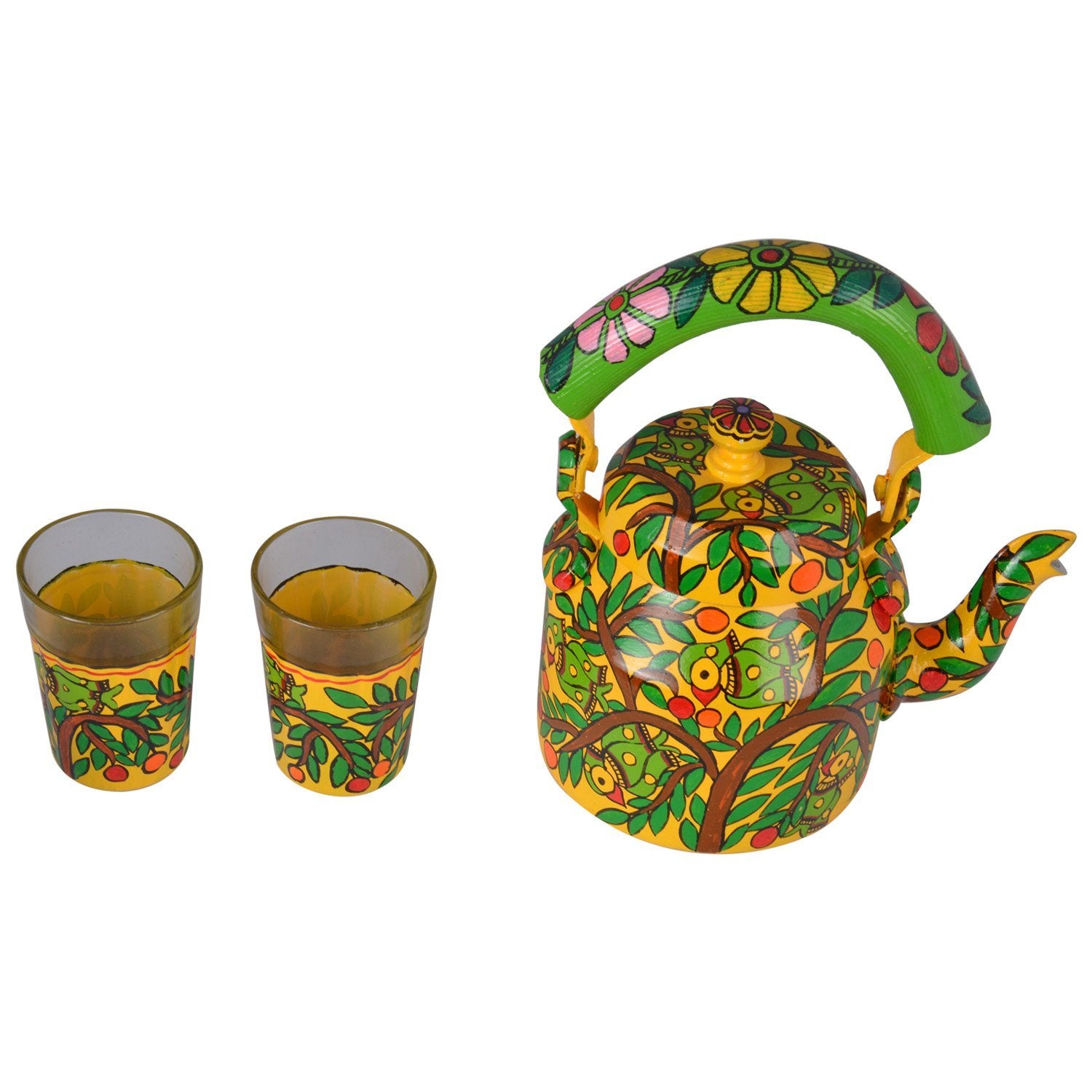 Madhubani Tea Set for Two People - Tea Pot & Two Tea Glasses