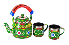 Tea Kettle and 2 Tea cups :  Green Floral Tea Set for Two Person