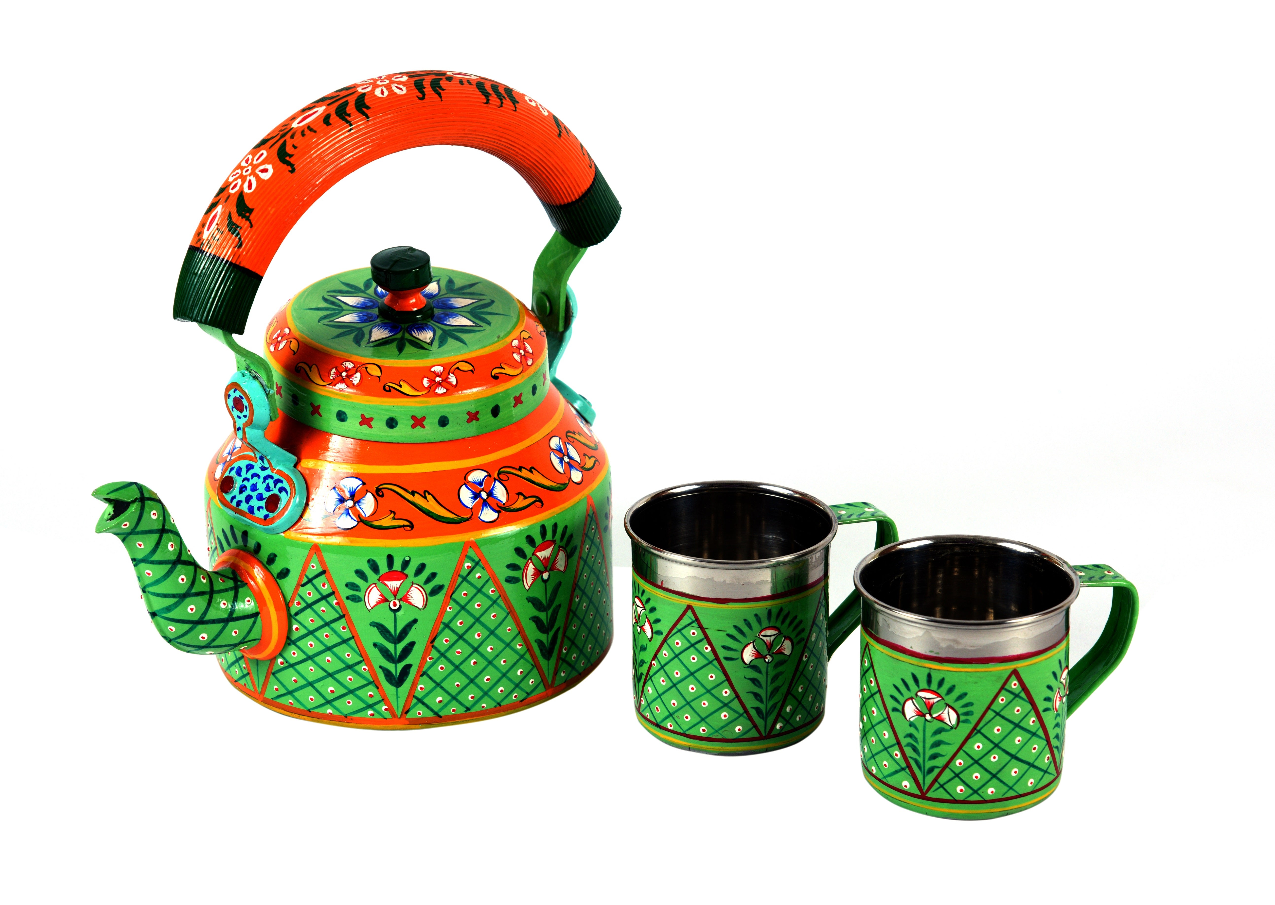 Tea Kettle With Two Tea Cups :  Mughal Garden Hand Painted Tea Set