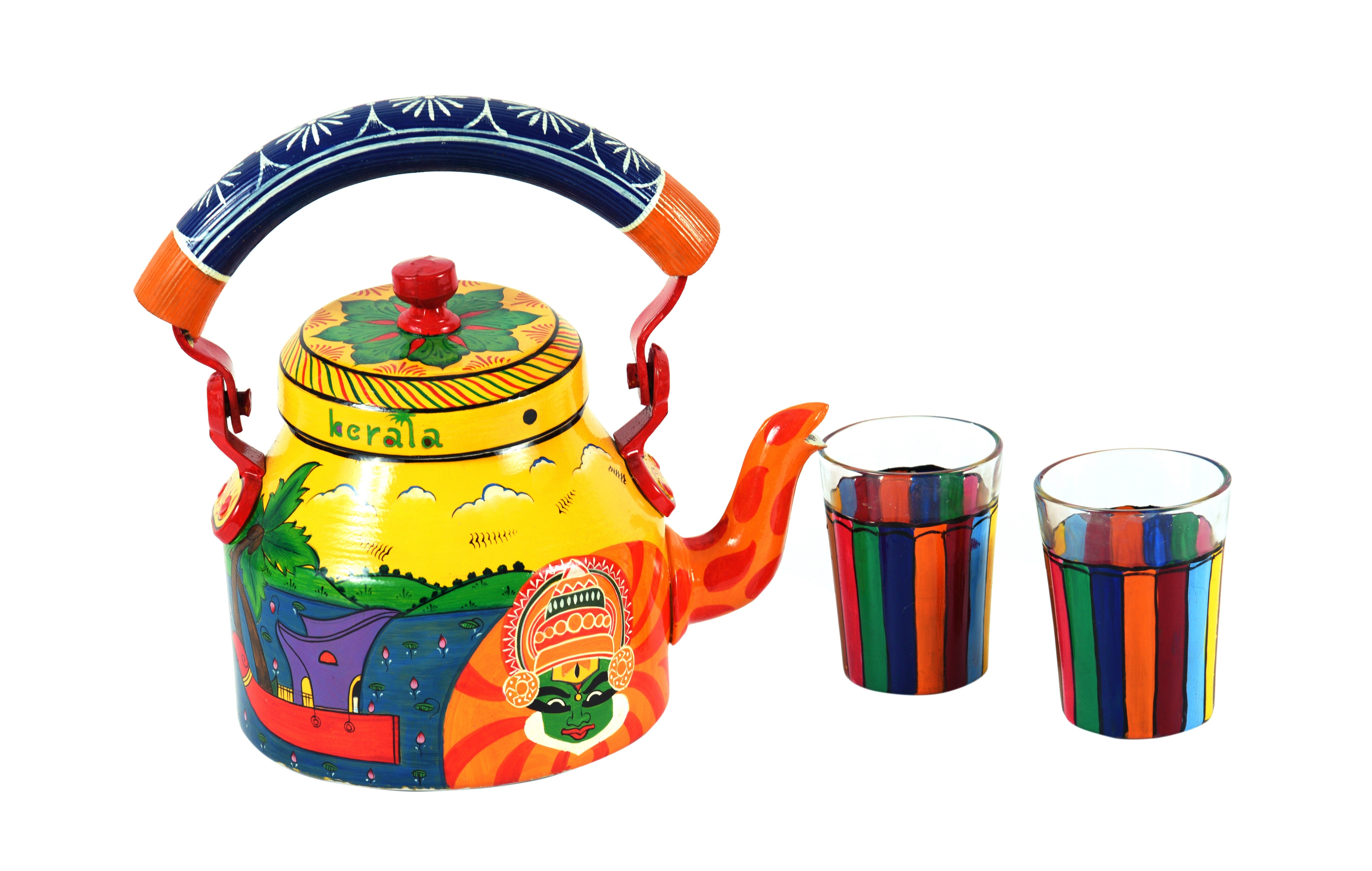 Tea kettle and 2 Tea Cups :  Tea Set For Two People Kerala Mural Art