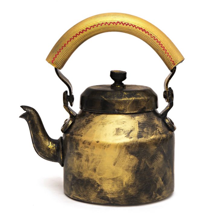 Kaushalam Tea Kettle with six glasses and stand: Antiqua Dark Gold