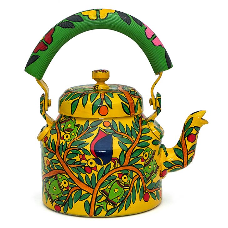 Kaushalam Tea Kettle with six glasses and stand: Parrots on tree