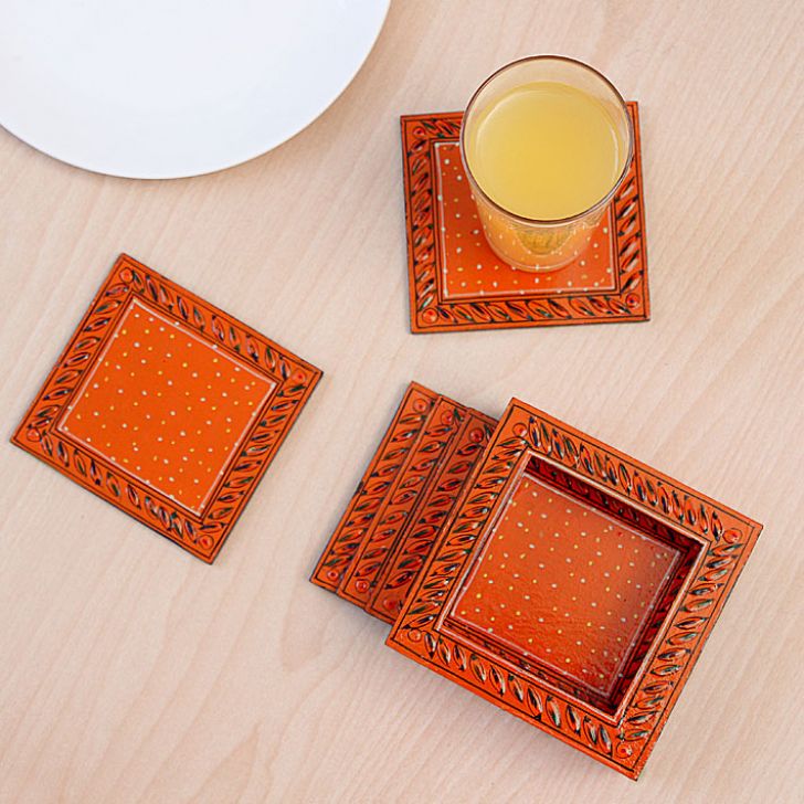 Hand Painted Coasters - Radish Orange  , Mughal Art
