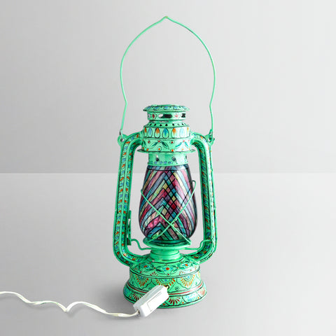 Hand Painted Hurrican Lantern with Bulb : Aqua Green