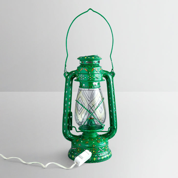 Hand Painted Hurrican Lantern with Bulb : Green