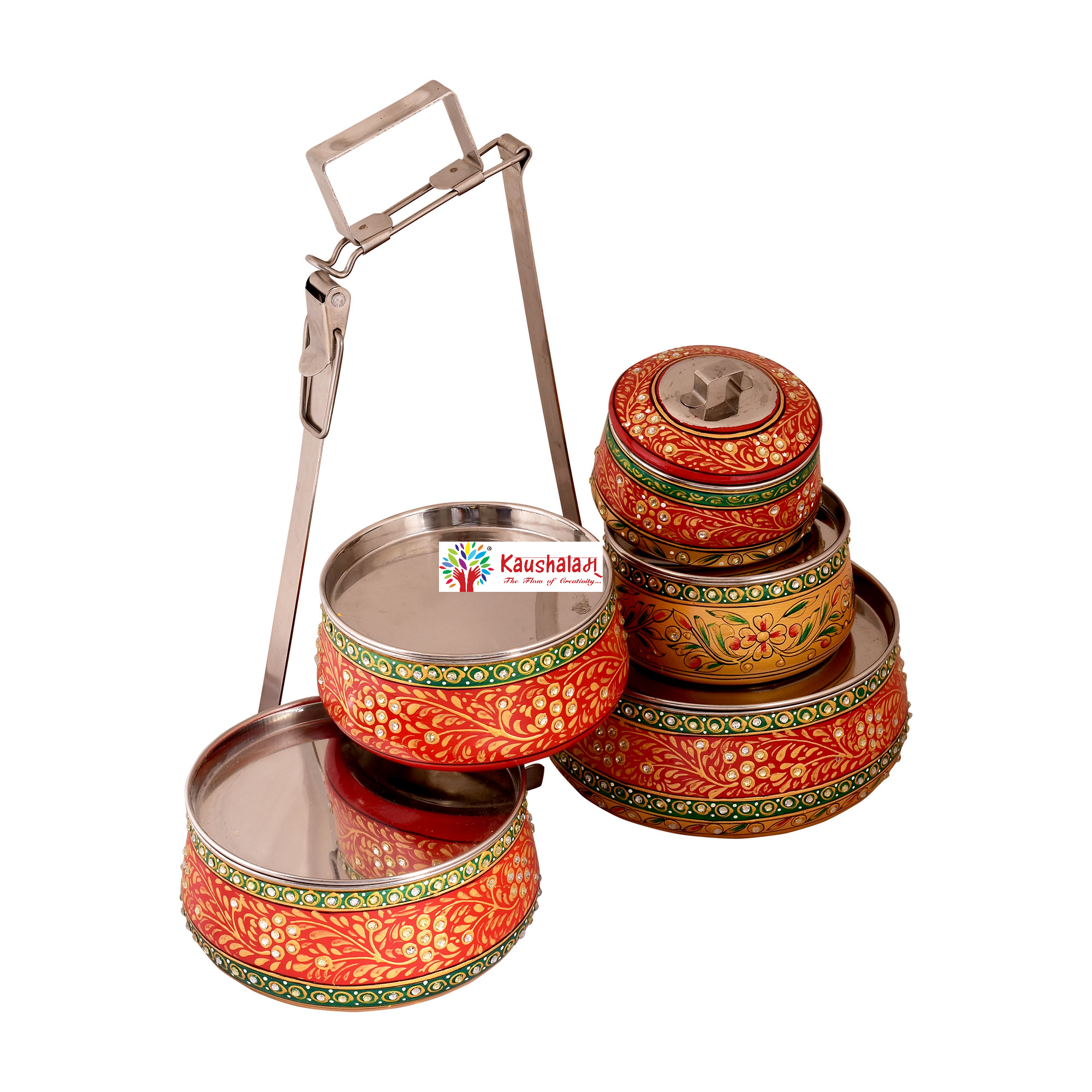 Kaushalam hand painted 5 tier steel pyramid tiffin, Lunch box, Meal for family, Picnic box, large Bento box, Christmas gift, reusable tiffin