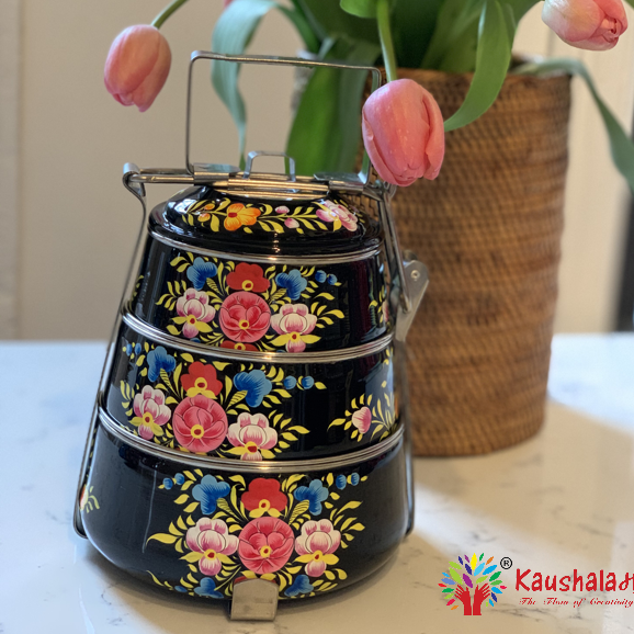 Hand Painted 3 Tier Steel Lunch Box- "Black Beauty" 