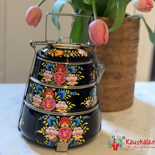 Hand Painted 3 Tier Steel Lunch Box- "Black Beauty" 