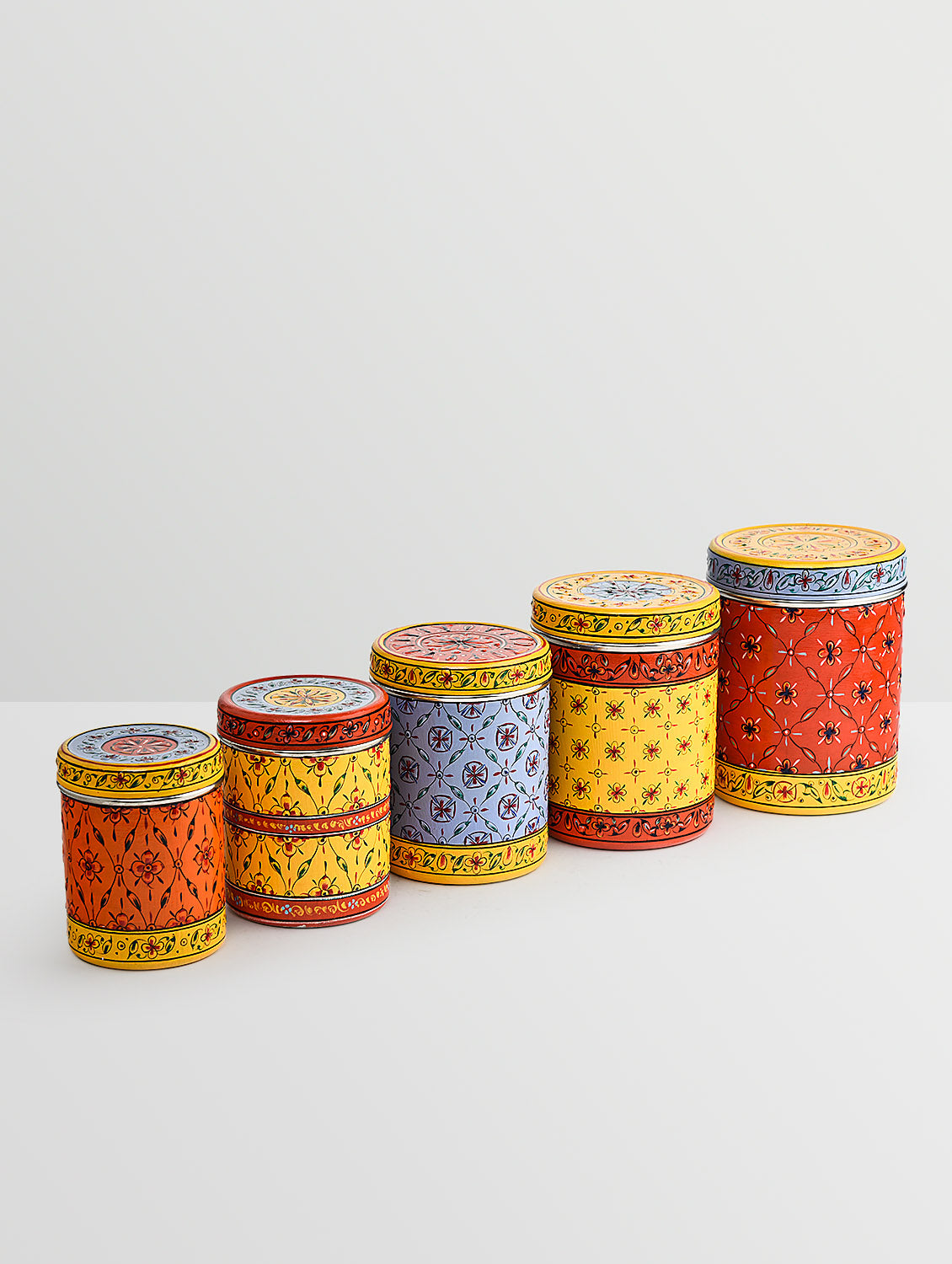 Canister set of 5 containers: Hand Painted Storage Stainless Steel Nesting Jars